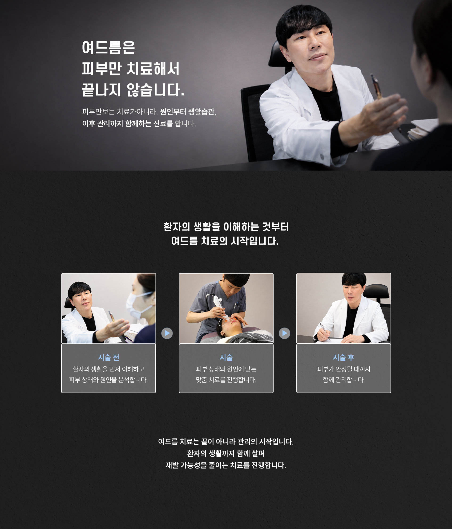 
	Q. 여드름은 피부만 치료하면 끝날까요?
	A. 피부만보는 치료가아니라, 원인부터 생활습관, 이후 관리까지 함께하는 진료를 합니다.

	Q. 왜 환자의 생활을 이해하는 것부터 여드름 치료를 시작할까요?
	A.
	- 시술 전: 환자의 생활을 먼저 이해하고 피부 상태와 원인을 분석합니다.
	- 시술: 피부 상태와 원인에 맞는 맞춤 치료를 진행합니다.
	- 시술 후: 피부가 안정될 때까지 함께 관리합니다.
	여드름 치료는 끝이 아니라 관리의 시작입니다. 환자의 생활까지 함께 살펴 재발 가능성을 줄이는 치료를 진행합니다.
	