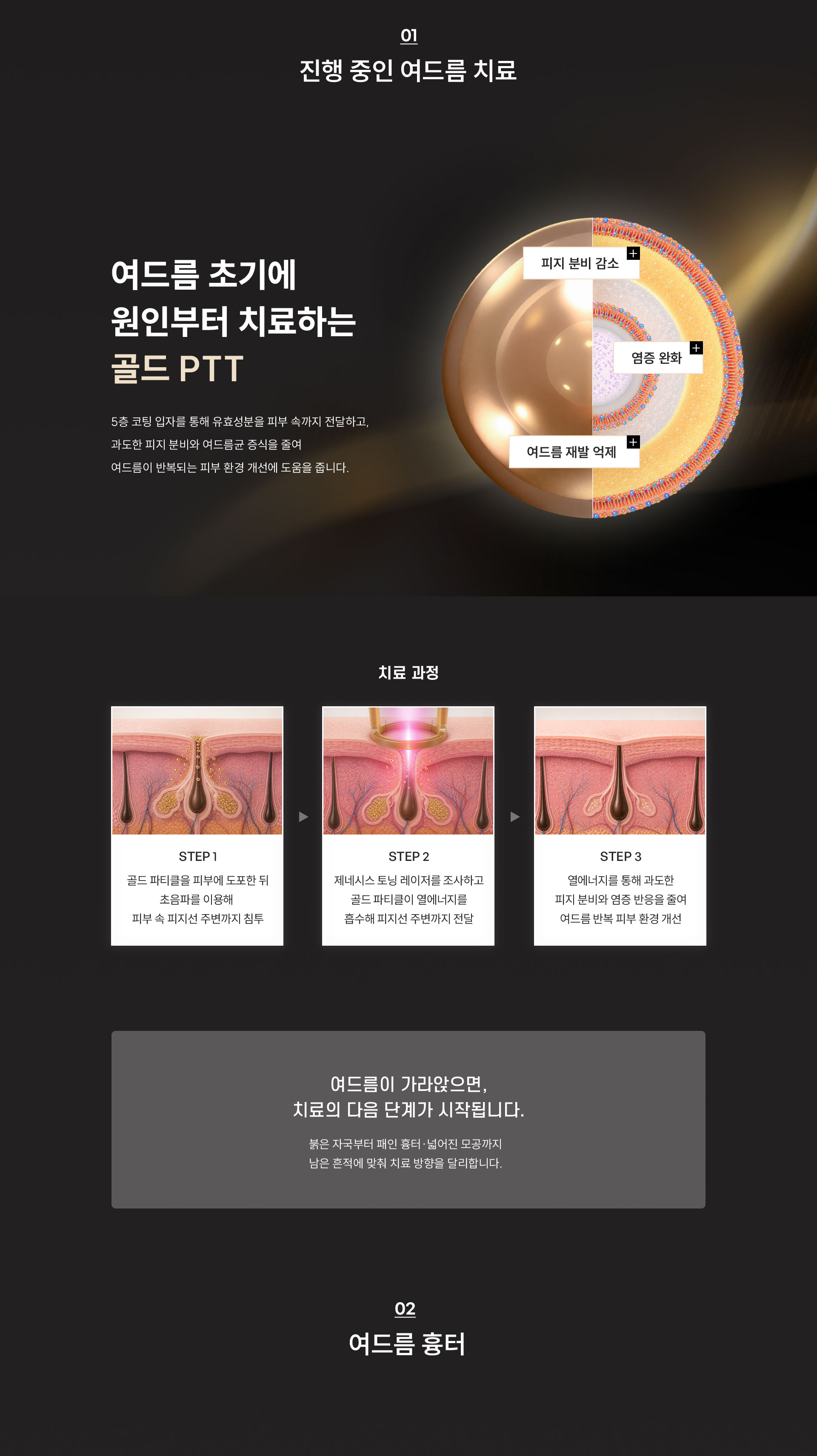 
		01)	진행중인 여드름 치료
		8.	여드름 초기에 원인부터 치료하는 골드 PTT의 치료 과정은?
		5층 코팅 입자를 통해 유효성분을 피부 속까지 전달하고, 과도한 피지 분비와 여드름균 증식을 줄여 여드름이 반복되는 피부 환경 개선에 도움을 줍니다.
		+ 피지 분비 감소, + 염증 완화, + 여드름 재발 억제

		치료 과정
		STEP1 - 골드 파티클을 피부에 도포한 뒤 초음파를 이용해 피부 속 피지선 주변까지 침투
		STEP2 - 제네시스 토닝 레이저를 조사하고 골드 파티클이 열에너지를 흡수해 피지선 주변까지 전달
		STEP3 - 열에너지를 통해 과도한 피지 분비와 염증 반응을 줄여 여드름 반복 피부 환경 개선

		9.	 여드름이 가라앉으면 다음에는 무엇을 치료할까?.
		붉은 자국부터 패인 흉터·넓어진 모공까지 남은 흔적에 맞춰 치료 방향을 달리합니다.

		02)	여드름 흉터
		