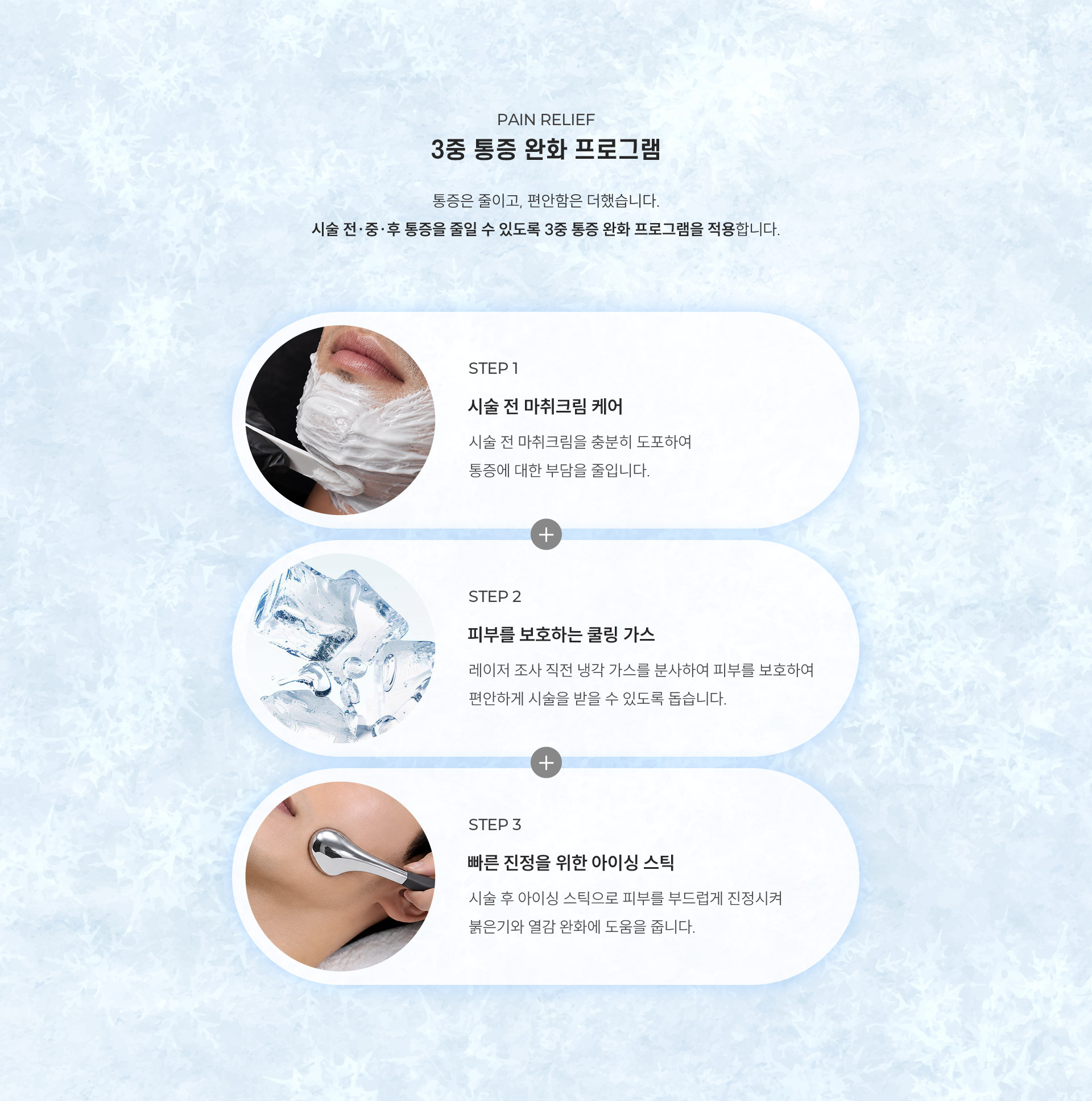 
	10.	3중 통증 완화 프로그램
	통증은 줄이고, 편안함은 더했습니다. 시술 전·중·후 통증을 줄일 수 있도록 3중 통증 완화 프로그램을 적용합니다.
	-	step 1: 시술 전 마취크림 케어
	시술 전 마취크림을 충분히 도포하여 통증에 대한 부담을 줄입니다.
	-	step 2: 피부를 보호하는 쿨링 가스
	레이저 조사 직전 냉각 가스를 분사하여 피부를 보호하여 편안하게 시술을 받을 수 있도록 돕습니다.
	-	step 3: 빠른 진정을 위한 아이싱 스틱
	시술 후 아이싱 스틱으로 피부를 부드럽게 진정시켜 붉은기와 열감 완화에 도움을 줍니다.
	