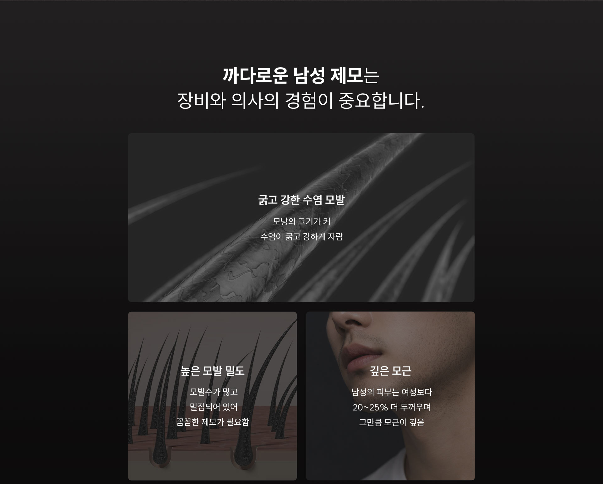 
	7.	남성 제모, 왜 더 까다로울까?
	두껍고 굵은 털, 반복되는 면도 자극까지. 남성 제모는 피부와 털의 특성을 고려한 제모가 필요합니다.

	1)	굵고 깊은 모근- 모근이 굵고 깊으며 밀도가 높음
	2)	두꺼운 피부- 여성보다 20~25% 더 두꺼움
	3)	넓은 제모 면적 - 전반적으로 부위가 넓고 얼굴 외 바디까지 부위가 다양
	4)	반복되는 면도 자극 - 트러블, 색소침착, 인그로운헤어 등 발생 가능

	8.	까다로운 남성 제모, 왜 젠틀맥스 프로 플러스일까요?
	남성 제모는 일반적인 제모보다 더 높은 출력과 섬세한 시술 기술이 중요합니다.
	-	강력한 출력, 최신 업그레이드 모델, 남성 제모를 위한 프리미엄 레이저

	9.	남자의 굵은 털까지 생각한 선택, 젠틀맥스 프로 플러스의 특징은?
	젠틀맥스 프로 플러스는 755nm와 1064nm을 함께 사용하는 레이저입니다. 털의 굵기와 부위에 따라 적합한 파장을 선택하여 보다 효율적이며 남성 제모나 굵고 깊은 털에 뛰어난 시술 효과를 제공합니다.
	