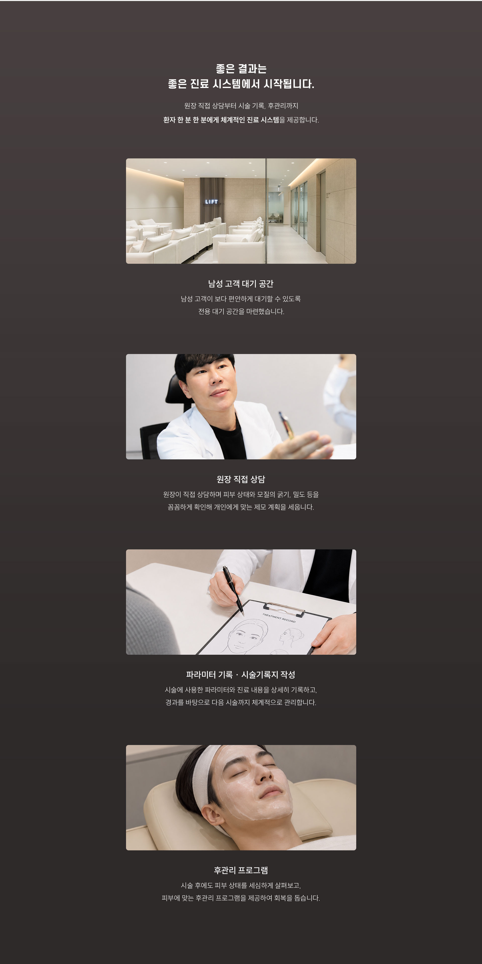 
	15.	남자 제모, 좋은 결과는 좋은 진료 시스템에서 시작됩니다.
	원장 직접 상담부터 시술 기록, 후관리까지
	환자 한 분 한 분에게 체계적인 진료 시스템을 제공합니다.
	- 남성 고객 대기 공간: 편안하게 대기할 수 있도록 남성 전용 공간을 마련
	- 원장 직접 상담: 원장이 직접 상담하며 피부와 털 상태를 꼼꼼하게 확인
	- 파라미터 기록 ∙ 시술기록지 작성: 파라미터와 진료 내용을 기록하여 다음 시술까지 체계적으로 관리
	- 후관리 프로그램: 시술 후에도 피부 상태에 맞는 후관리 프로그램을 제공
	