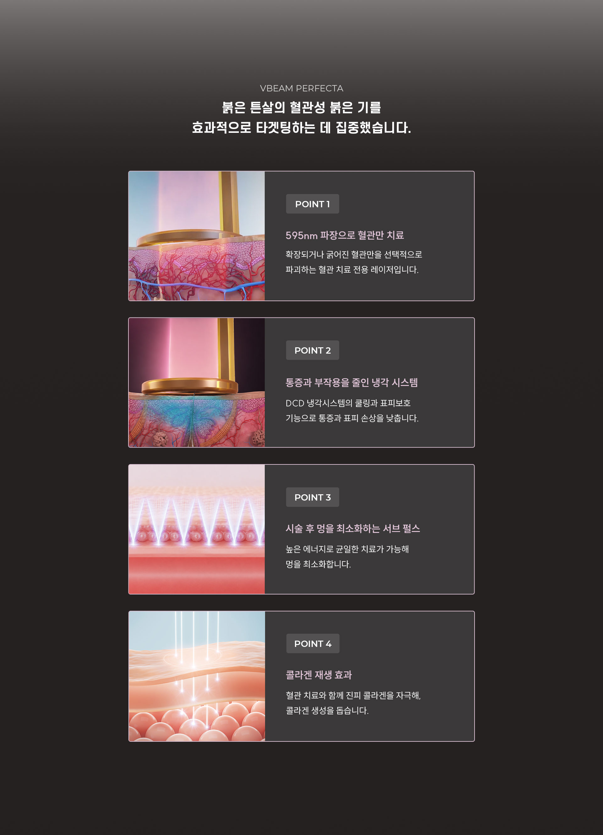 
	7.	브이빔 퍼펙타는 붉은 튼살의 혈관성 붉은 기를 어떻게 효과적으로 타겟팅할까요?
	1)	595nm 파장으로 혈관만 치료
	확장되거나 굵어진 혈관만을 선택적으로 파괴하는 혈관 치료 전용 레이저입니다.
	2)	통증과 부작용을 줄인 냉각 시스템
	DCD 냉각시스템의 쿨링과 표피보호 기능으로 통증과 표피 손상을 낮춥니다.
	3)	시술 후 멍을 최소화하는 서브 펄스
	높은 에너지로 균일한 치료가 가능해 멍을 최소화합니다.
	4)	콜라겐 재생 효과
	혈관 치료와 함께 진피 콜라겐을 자극해, 콜라겐 생성을 돕습니다.
	