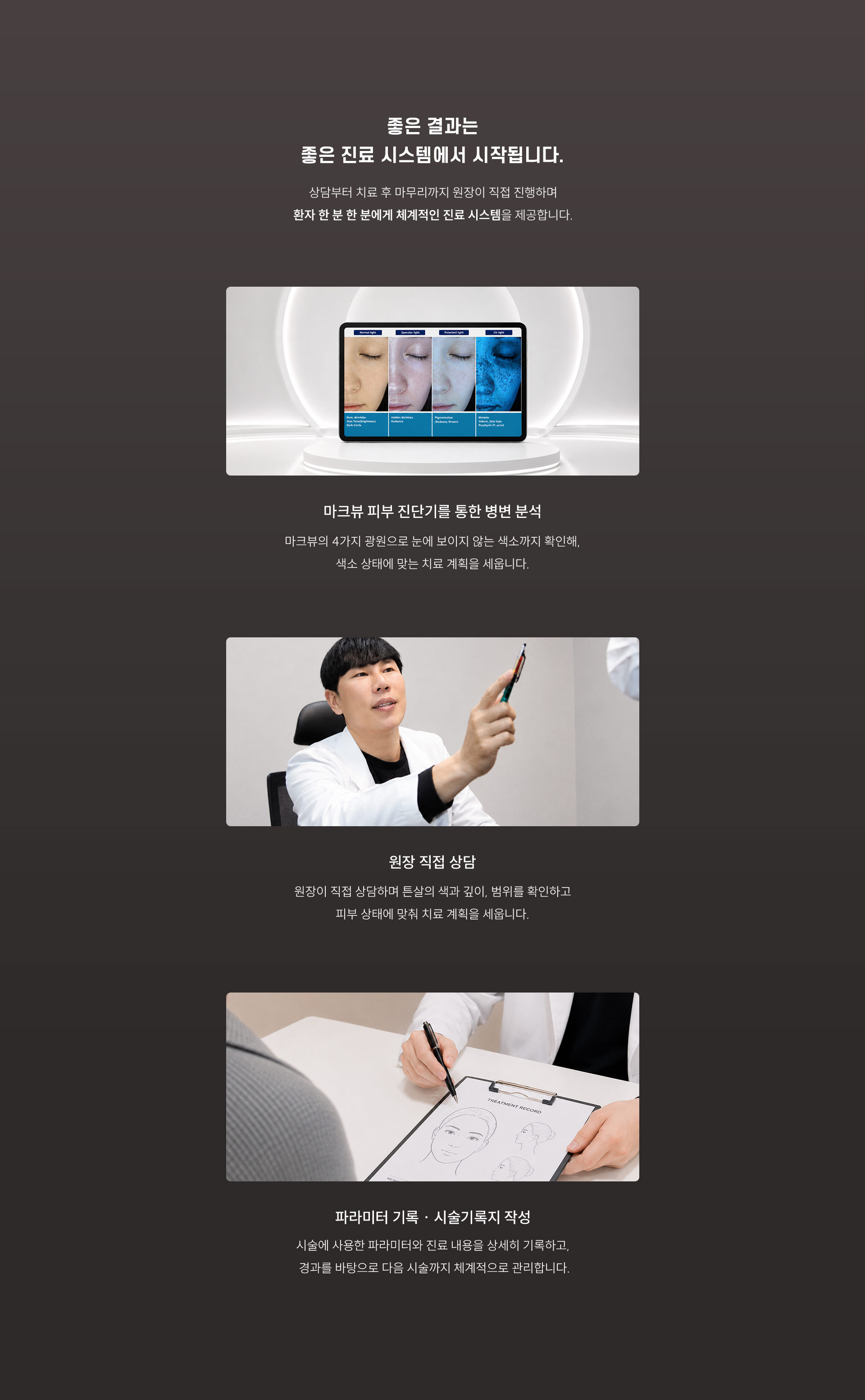 
	8.	리프트 붉은 튼살 치료, 진료 시스템은?
	상담부터 치료 후 마무리까지 원장이 직접 진행하며 환자 한 분 한 분에게 체계적인 진료 시스템을 제공합니다.
	1)	마크뷰 피부 진단기를 통한 병변 분석
	- 마크뷰의 4가지 광원으로 눈에 보이지 않는 색소까지 확인해, 색소 상태에 맞는 치료 계획을 세웁니다.
	2)	원장 직접 상담
	- 원장이 직접 상담하며 튼살의 색과 깊이, 범위를 확인하고 피부 상태에 맞춰 치료 계획을 세웁니다.
	3)	파라미터 기록 ∙ 시술기록지 작성
	- 시술에 사용한 파라미터와 진료 내용을 상세히 기록하고, 경과를 바탕으로 다음 시술까지 체계적으로 관리합니다.
	