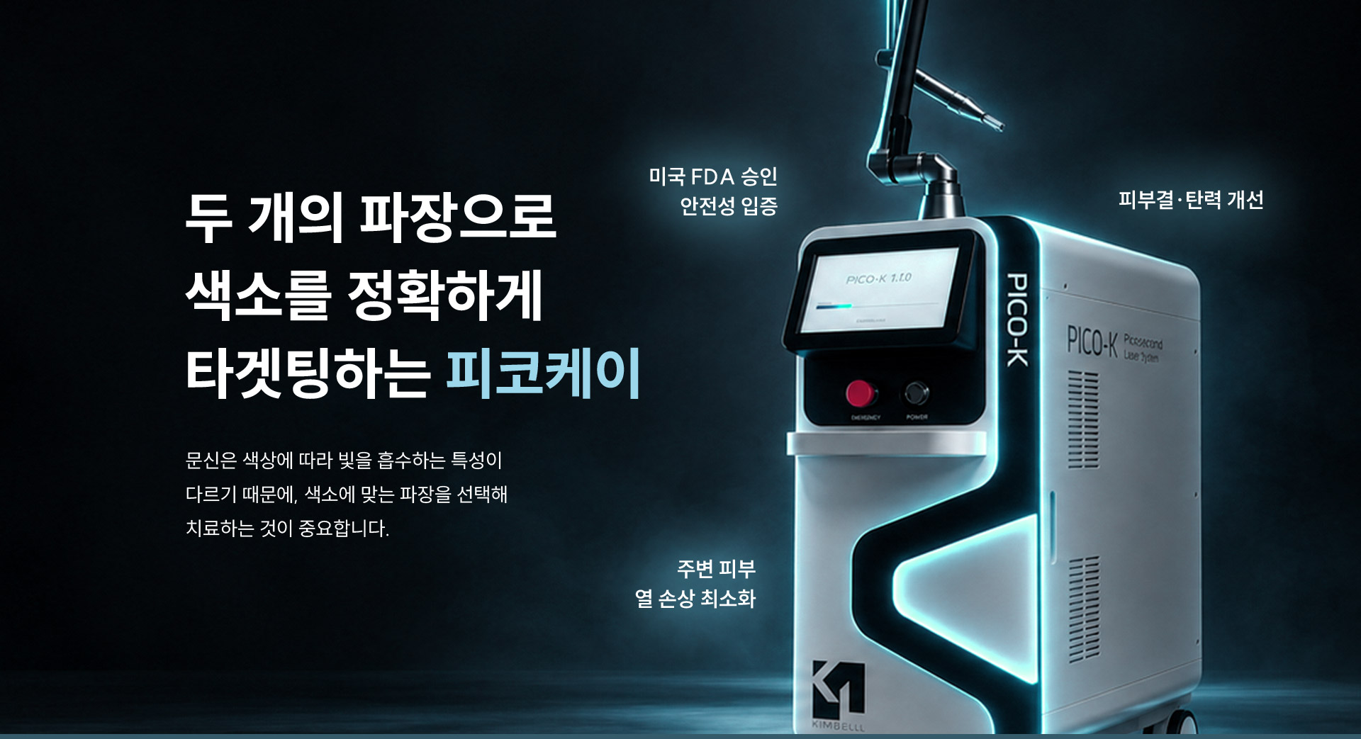 
	7.	두 개의 파장으로색소를 정확하게 타겟팅하는 피코케이란?
	문신은 색상에 따라 빛을 흡수하는 특성이 다르기 때문에, 색소에 맞는 파장을 선택해 치료하는 것이 중요합니다.
	1) 미국 FDA 승인 안전성 입증
	2) 주변 피부 열 손상 최소화
	3) 피부결·탄력 개선
	