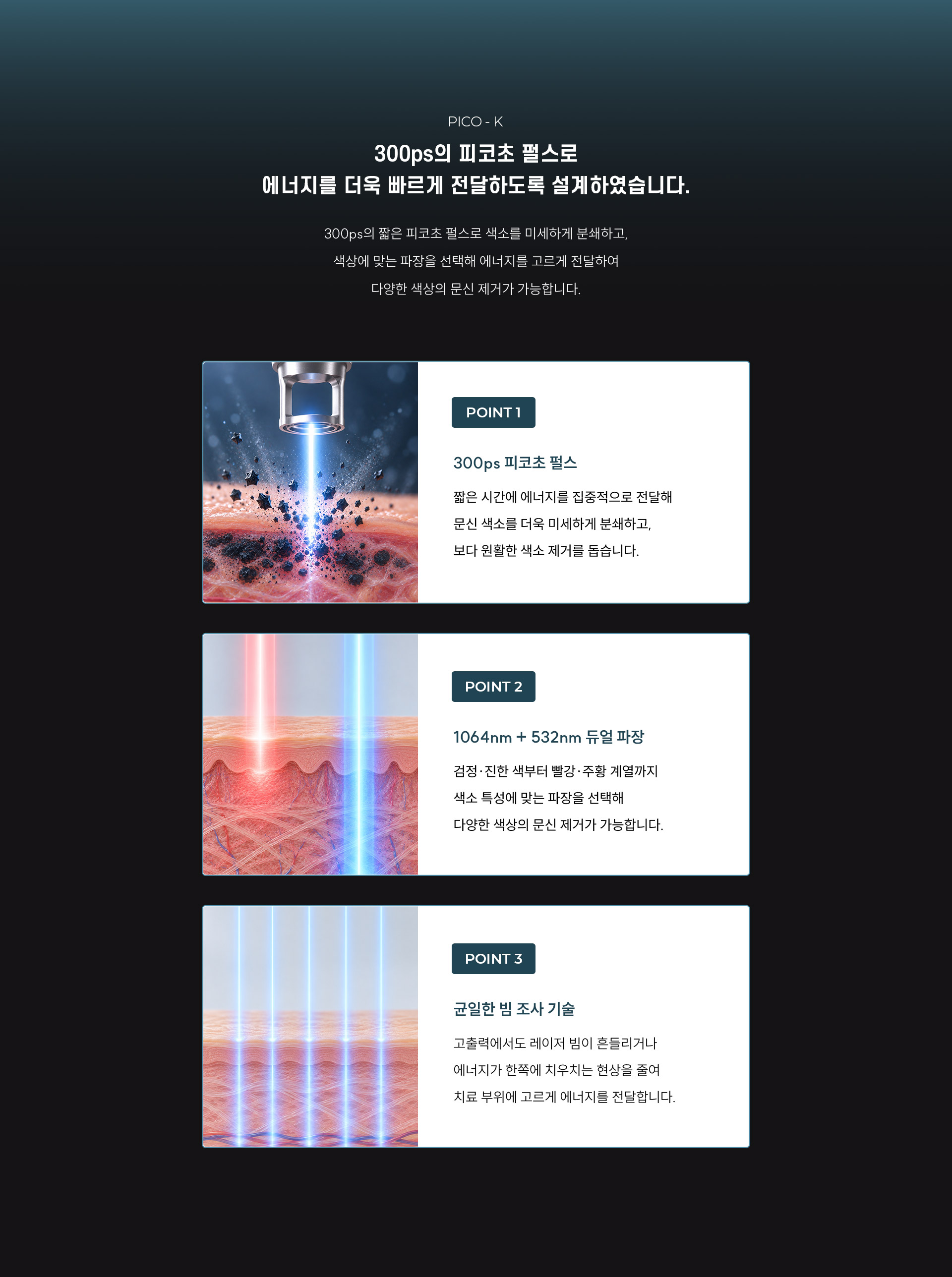 
	8.	문신 제거 레이저, 피코케이의 설계 방식은?
	300ps의 피코초 펄스로 에너지를 더욱 빠르게 전달하도록 설계하였습니다.
	300ps의 짧은 피코초 펄스로 색소를 미세하게 분쇄하고, 색상에 맞는 파장을 선택해 에너지를 고르게 전달하여 다양한 색상의 문신 제거가 가능합니다.

	1)	300ps 피코초 펄스
	짧은 시간에 에너지를 집중적으로 전달해 문신 색소를 더욱 미세하게 분쇄하고, 보다 원활한 색소 제거를 돕습니다.

	2)	1064nm + 532nm 듀얼 파장
	검정·진한 색부터 빨강·주황 계열까지 색소 특성에 맞는 파장을 선택해 다양한 색상의 문신 제거가 가능합니다.

	3)	균일한 빔 조사 기술
	고출력에서도 레이저 빔이 흔들리거나 에너지가 한쪽에 치우치는 현상을 줄여 치료 부위에 고르게 에너지를 전달합니다.
	