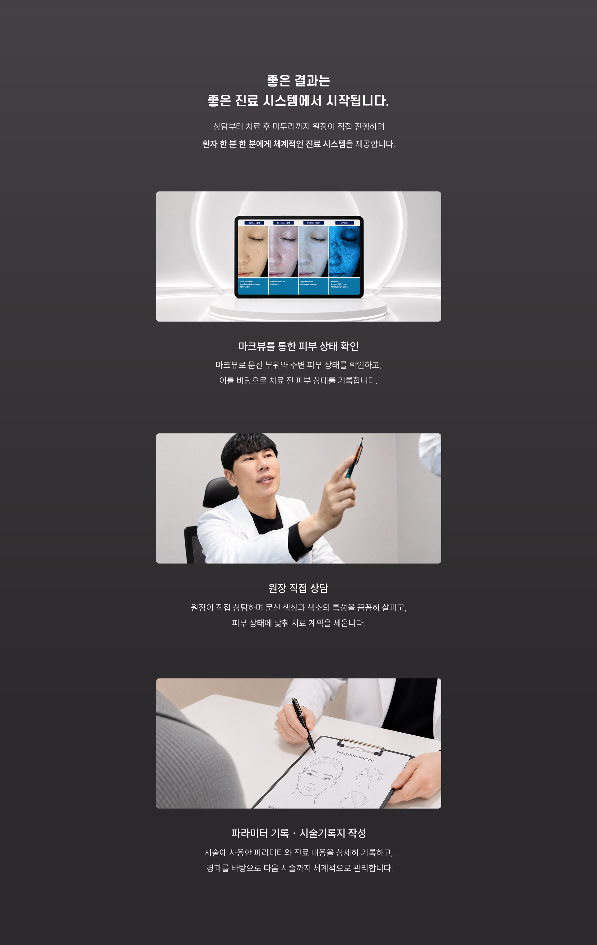 
	9.	리프트 문신 제거, 진료 시스템은?
	좋은 결과는 좋은 진료 시스템에서 시작됩니다. 상담부터 치료 후 마무리까지 원장이 직접 진행하며 환자 한 분 한 분에게 체계적인 진료 시스템을 제공합니다.
	1)	마크뷰를 통한 피부 상태 확인
	- 마크뷰로 문신 부위와 주변 피부 상태를 확인하고, 이를 바탕으로 치료 전 피부 상태를 기록합니다.

	2)	원장 직접 상담
	- 원장이 직접 상담하며 문신 색상과 색소의 특성을 꼼꼼히 살피고, 피부 상태에 맞춰 치료 계획을 세웁니다.

	3)	파라미터 기록 ∙ 시술기록지 작성
	- 시술에 사용한 파라미터와 진료 내용을 상세히 기록하고, 경과를 바탕으로 다음 시술까지 체계적으로 관리합니다.
	