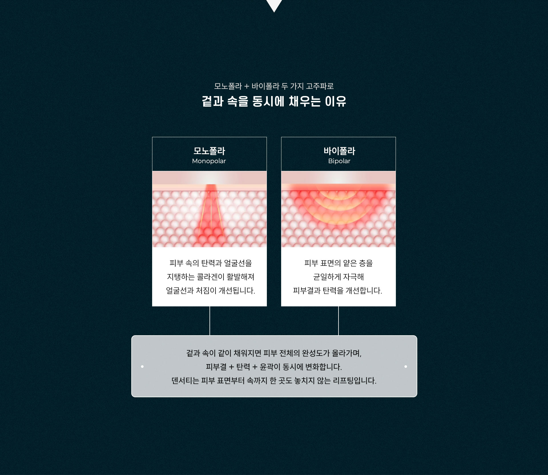 
	2.겉과 속을 동시에 채우는 이유는?
	1)바이폴라: 피부 표면의 얕은 층을 균일하게 자극해 피부결과 탄력을 개선합니다.
	2)모노폴라: 피부 속의 탄력과 얼굴선을 지탱하는 콜라겐이 활발해져 얼굴선과 처짐이 개선됩니다.
	겉과 속이 같이 채워지면 피부 전체의 완성도가 올라가며, 피부결 + 탄력 + 윤곽이 동시에 변화합니다.
	덴서티는 피부 표면부터 속까지 한 곳도 놓치지 않는 리프팅입니다.
	