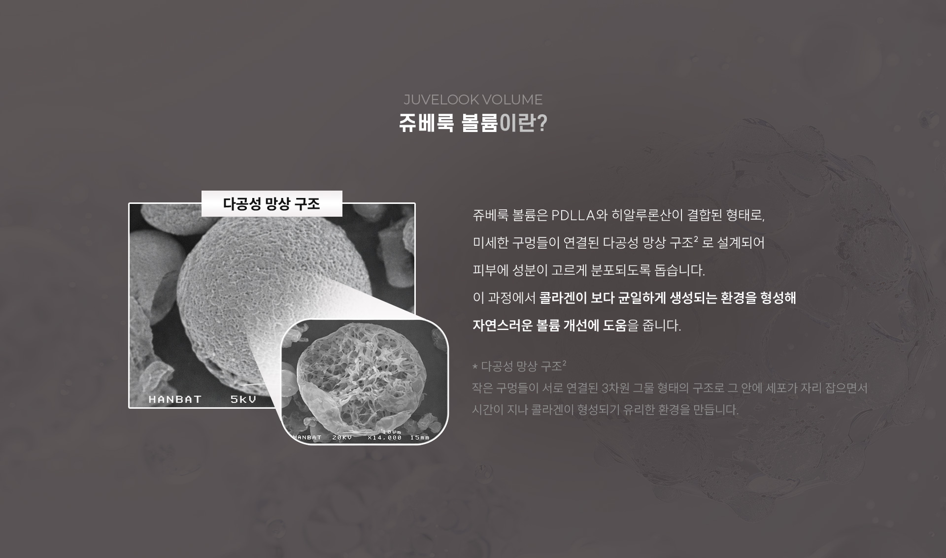 
		2. 쥬베룩 볼륨이란?
		쥬베룩 볼륨은 PDLLA와 히알루론산이 결합된 형태로, 미세한 구멍들이 연결된 다공성 망상 구조² 로 설계되어 피부에 성분이 고르게 분포되도록 돕습니다. 이 과정에서 콜라겐이 보다 균일하게 생성되는 환경을 형성해 자연스러운 볼륨 개선에 도움을 줍니다.
		* 다공성 망상 구조² 작은 구멍들이 서로 연결된 3차원 그물 형태의 구조로 그 안에 세포가 자리 잡으면서 시간이 지나 콜라겐이 형성되기 유리한 환경을 만듭니다.
		