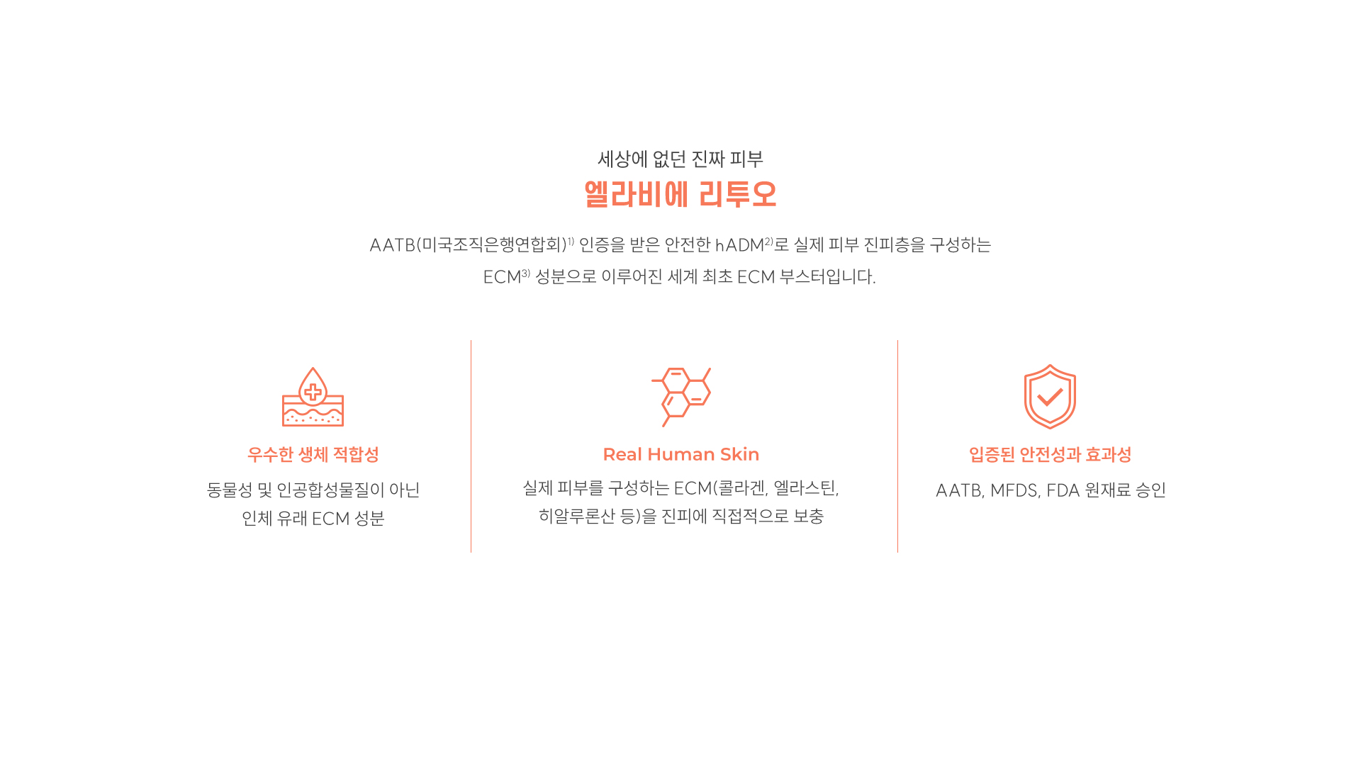 6.	세상에 없던 진짜 피부 엘라비에 리투오 -	AATB(미국조직은행연합회)1) 인증을 받은 안전한 hADM2)로 실제 피부 진피층을 구성하는 ECM3) 성분으로 이루어진 세계 최초 ECM 부스터입니다. -	우수한 생체 적합성 동물성 및 인공합성물질이 아닌 인체 유래 ECM 성분 -	Real Human Skin  실제 피부를 구성하는 ECM(콜라겐, 엘라스틴, 히알루론산 등)을 진피에 직접적으로 보충 -	입증된 안전성과 효과성 AATB, MFDS, FDA 원재료 승인